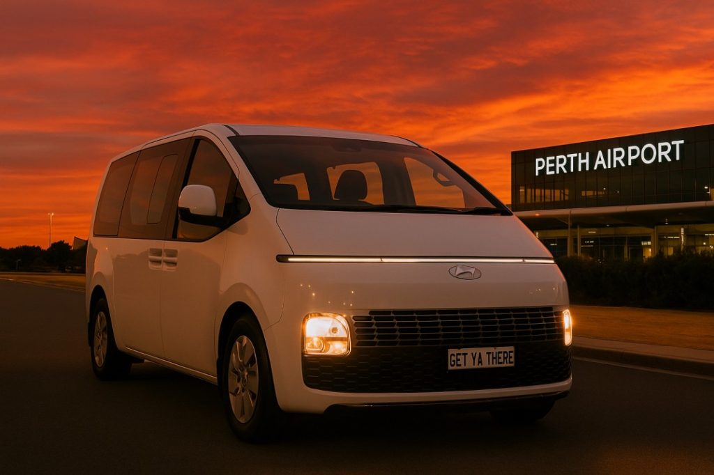 Hyundai Staria at Perth Airport during sunset providing Mandurah transfer service