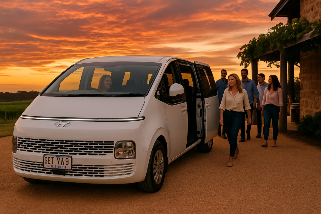 Best private transfer service in Mandurah – female driver drops off passengers at winery in white Hyundai Staria
