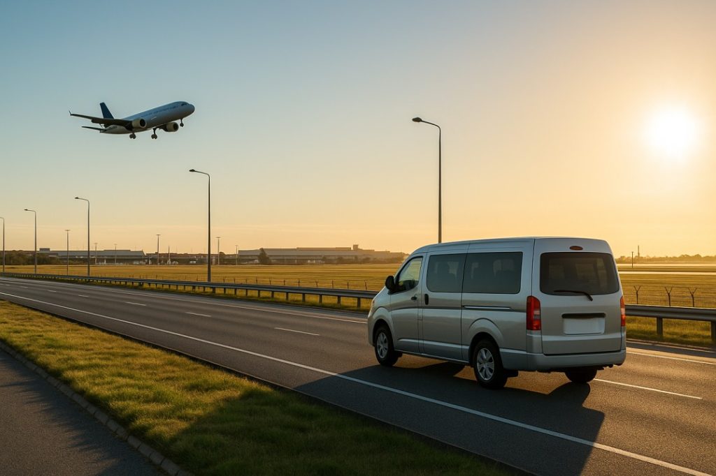 Van driving toward Perth Airport near runway during golden hour