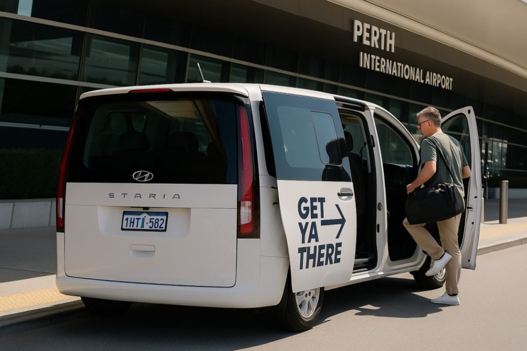  Passenger boarding Get Ya There shared shuttle at Perth Airport