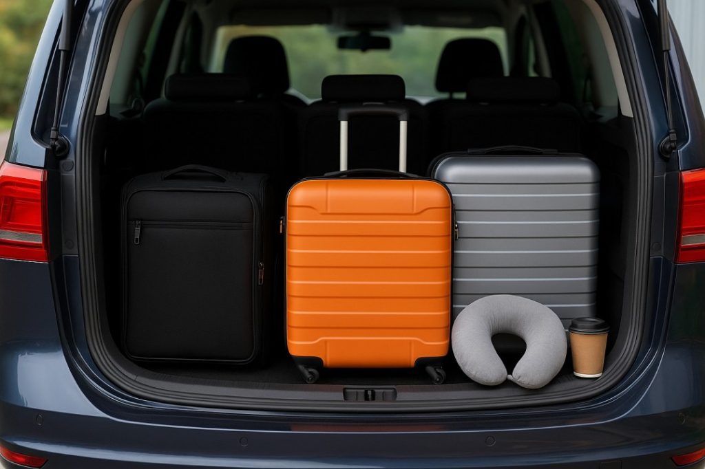 Packed luggage and travel gear in airport transfer van