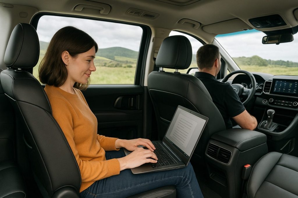 Passenger working inside private airport transfers vehicle from Mandurah