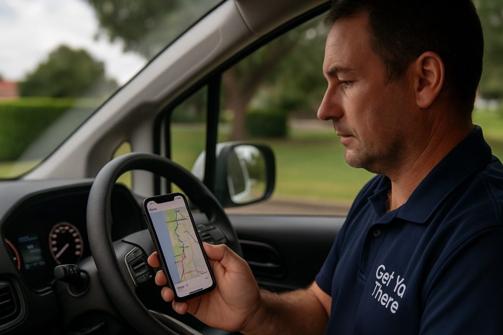 Get Ya There driver checking traffic for Mandurah to Perth Airport trip