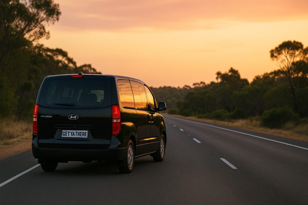 Get Ya There private airport transfers van driving at sunrise from Mandurah toward Perth Airport