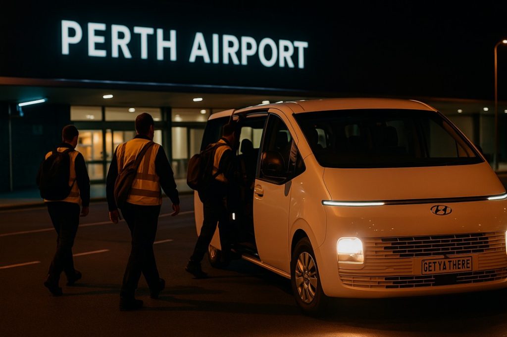 FIFO workers boarding Hyundai Staria at Perth Airport at night from Mandurah