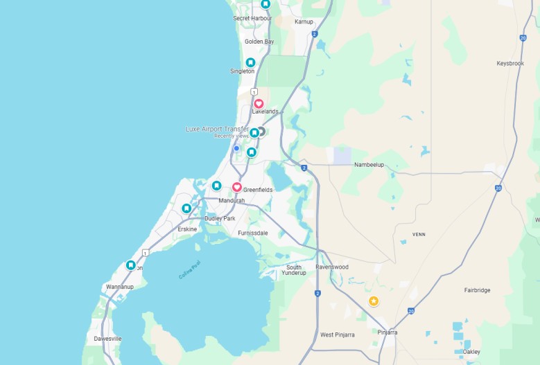 Map showing Get Ya There coverage from Mandurah to Perth Airport
