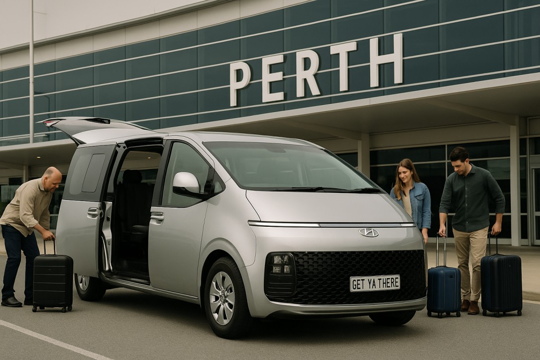Hyundai Staria with GET YA THERE plate unloading passengers at Perth Airport
