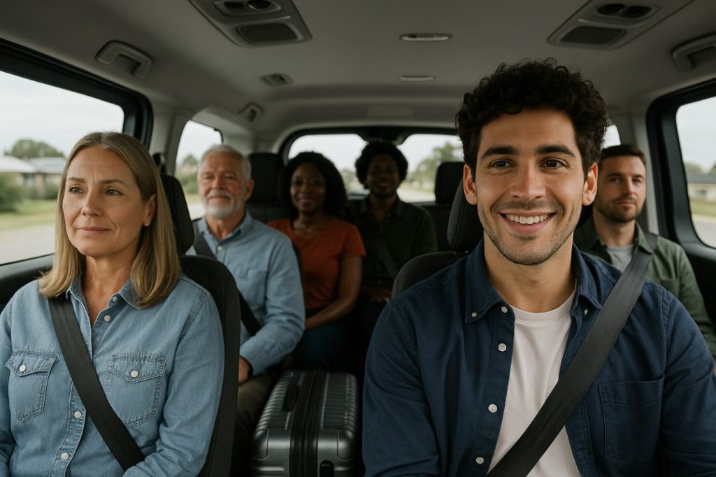 Inside view of shared airport shuttle van with Mandurah passengers