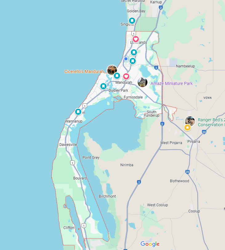 Map of Mandurah and Peel Region showing private transfer service area coverage
