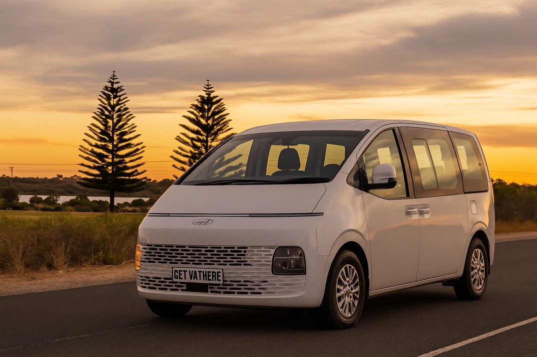 Hyundai Staria parked roadside at sunset serving Mandurah suburbs for Perth Airport transfers