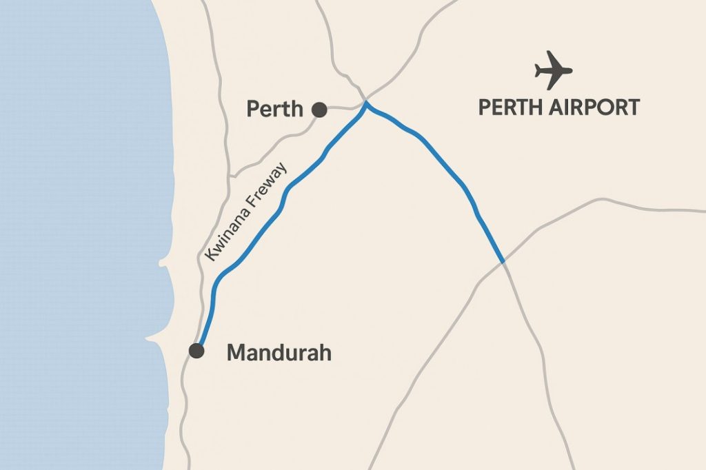 Travel route map from Mandurah to Perth Airport