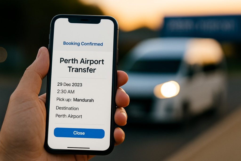 Phone screen showing confirmed Perth Airport transfer booking from Mandurah