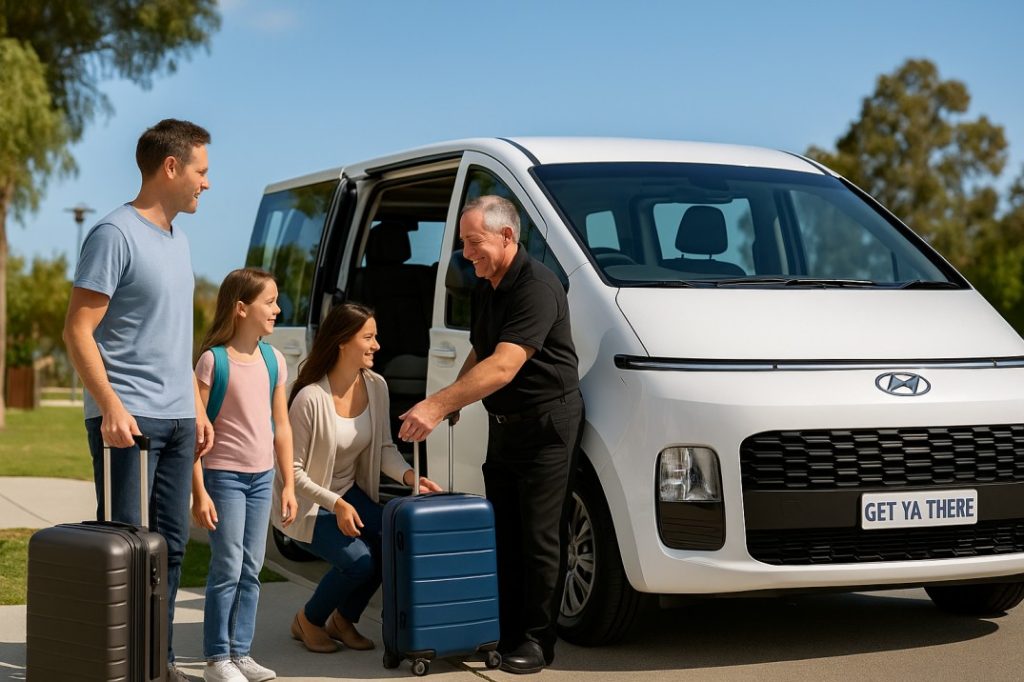 Family boarding private airport transfer Mandurah van