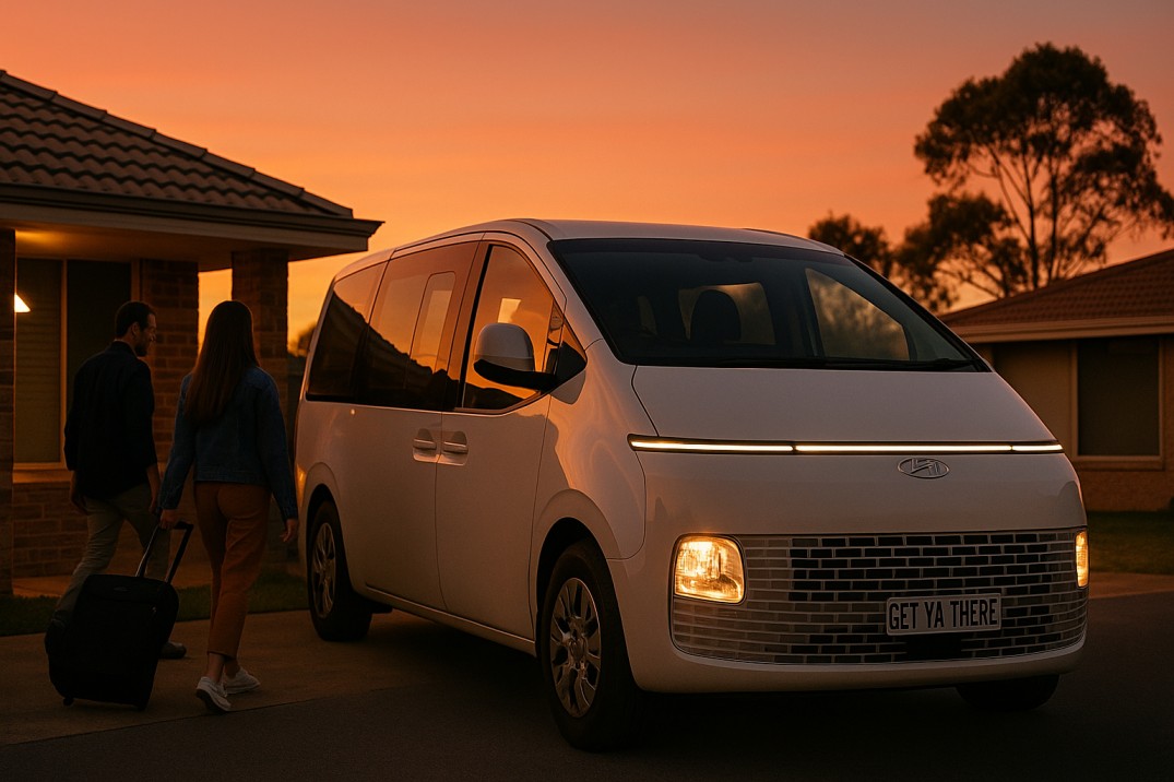 Hyundai Staria picking up private passengers from a Mandurah home for Perth Airport transfer