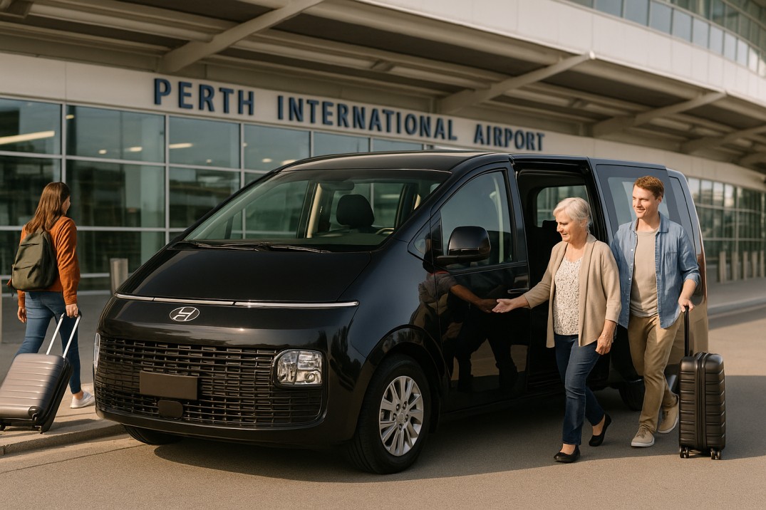 Passengers exiting private Get Ya There vehicle at Perth International Airport