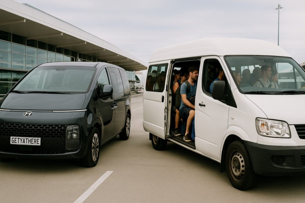 Private Hyundai Staria beside crowded shuttle at Perth Airport