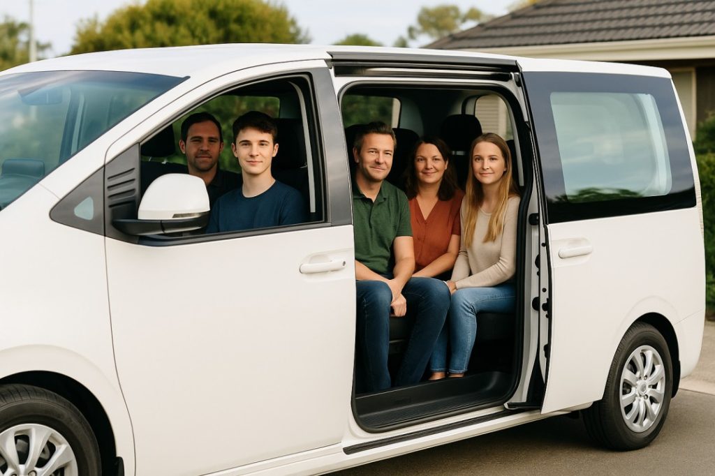 Family enjoying a safe and comfortable private transfer in Mandurah inside a white Hyundai Staria