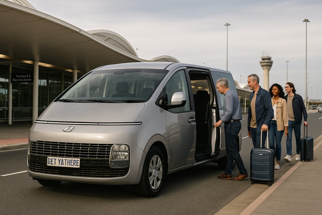 Shared airport shuttle van picking up passengers at Perth Airport