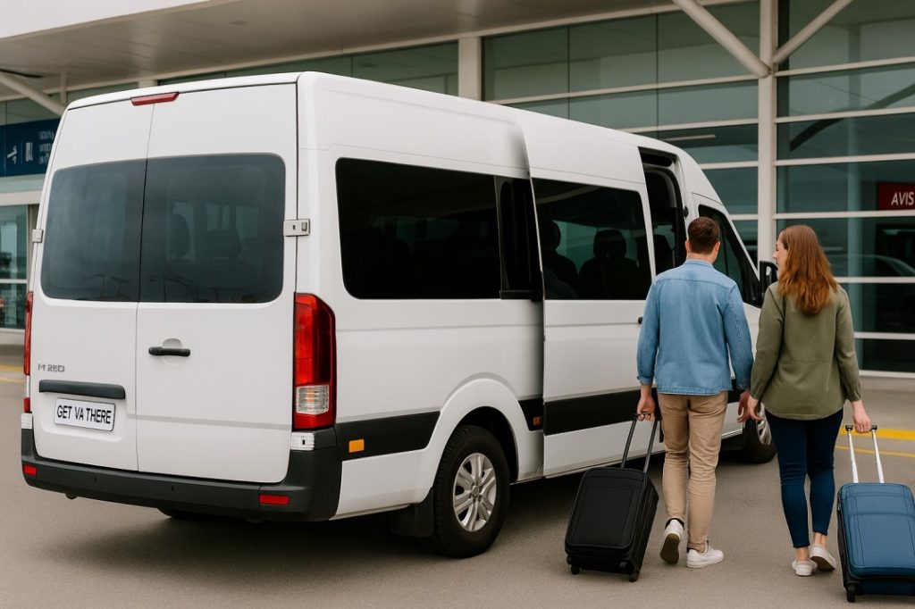 Passengers boarding shared airport shuttle in Mandurah suburb