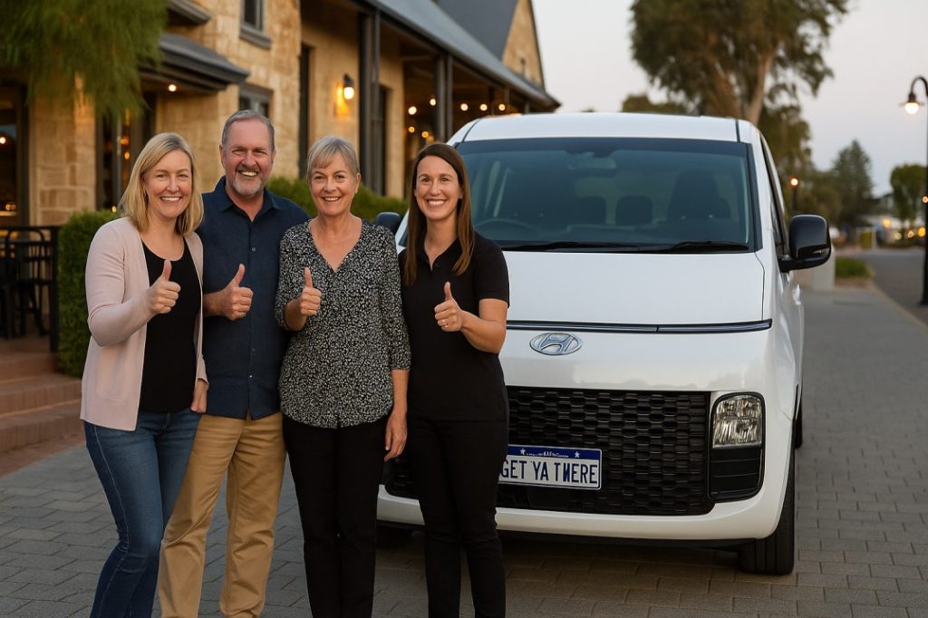 Happy customers giving thumbs-up beside Get Ya There van, best private transfer service in Mandurah