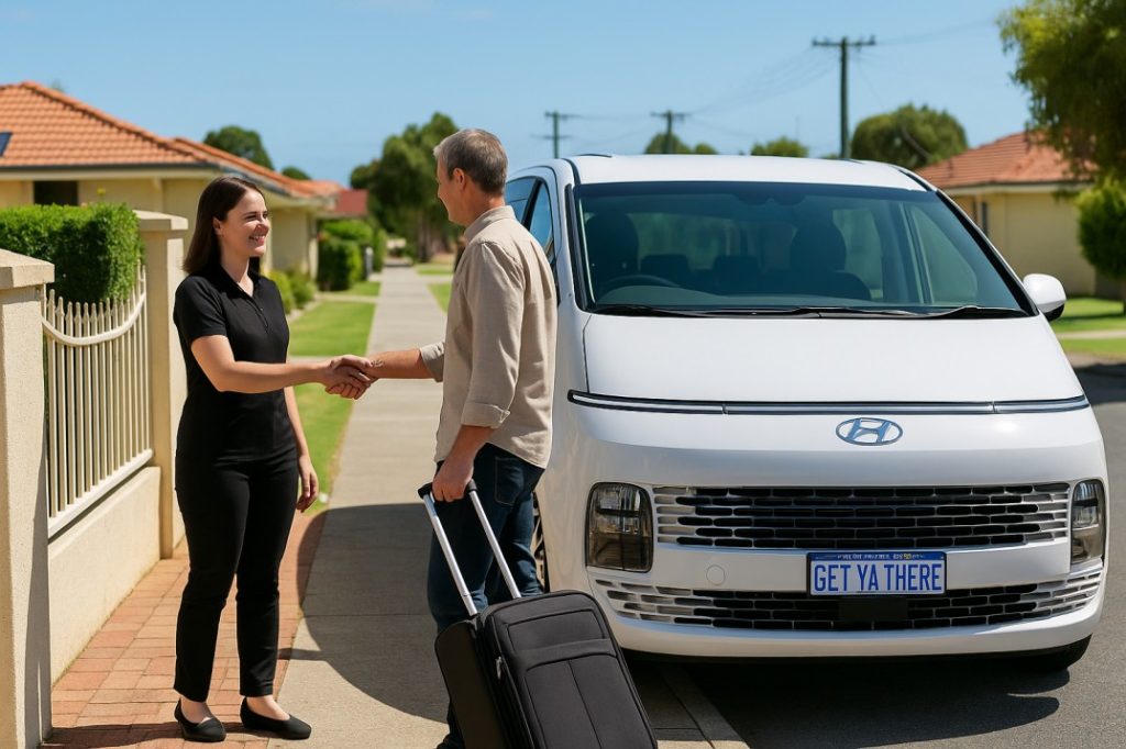Professional female driver greeting a passenger outside a Mandurah home during a private transfer