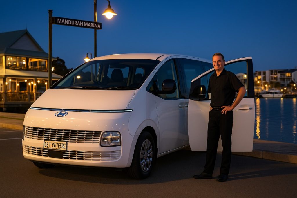 Best private transfer service in Mandurah with driver and Hyundai Staria at Mandurah Marina